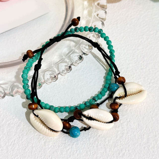 2pcs beach trend blue bead shell anklet