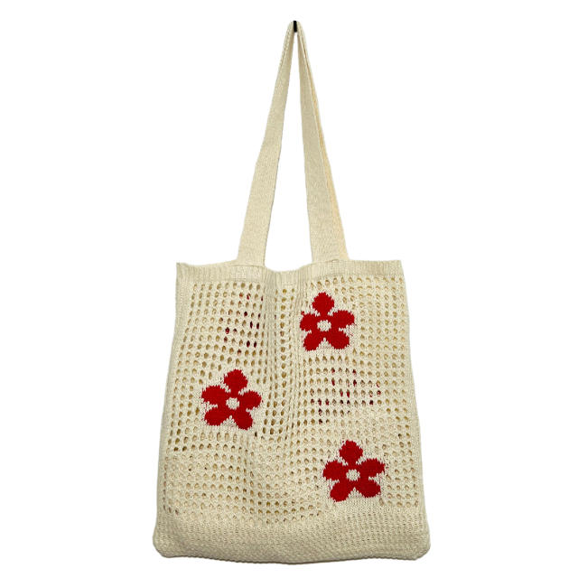 Y2K red color flower knitted corchet tote bag beach bag