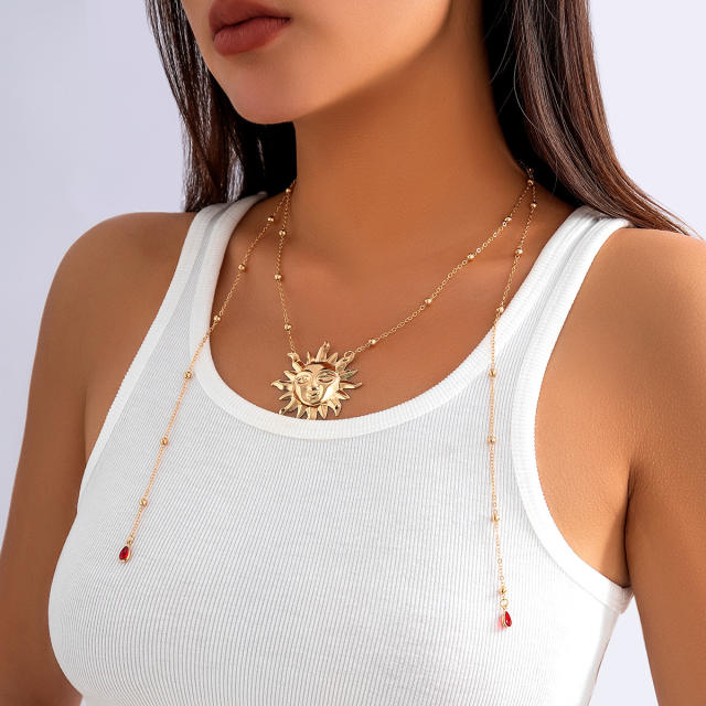 Vintage large size sun pendant long necklace