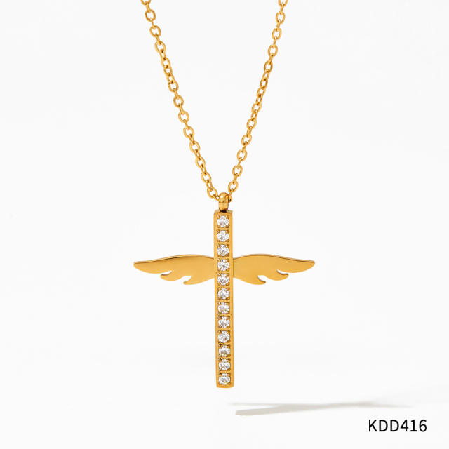 Diamond cross angel wing pendant stainless steel necklace