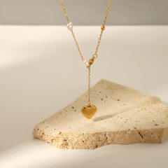Concise heart pearl bead dainty stainless steel necklace lariats necklace