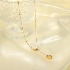 Concise heart pearl bead dainty stainless steel necklace lariats necklace