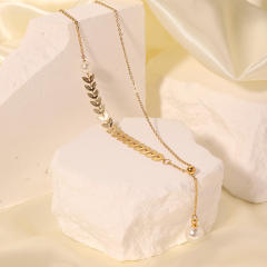 Korean fashion leaf design single pearl stainless steel necklace lariats necklace