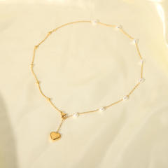 Concise heart pearl bead dainty stainless steel necklace lariats necklace