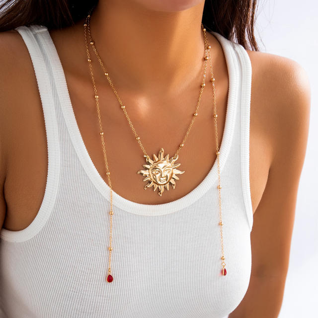 Vintage large size sun pendant long necklace