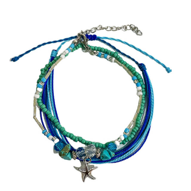 3pcs blue color string seed bead starfish anklet set