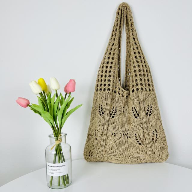 Korean fashion leaf design knitted corchet tote bag beach bag