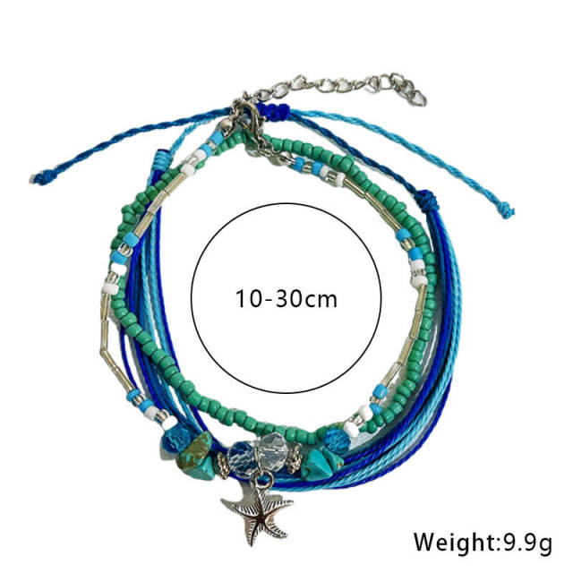 3pcs blue color string seed bead starfish anklet set