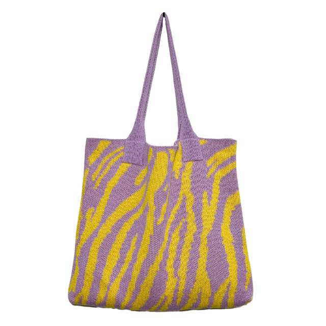 INS vintage colorful stripe pattern knitted tote bag for women