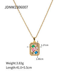18k Delicate rainbow cz square copper pendant stainless steel chain necklace