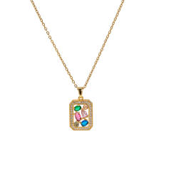 18k Delicate rainbow cz square copper pendant stainless steel chain necklace