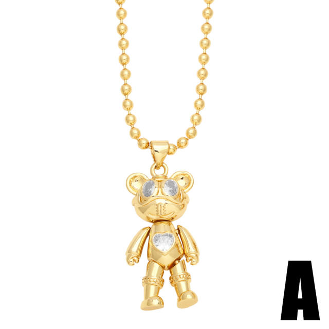 Hiphop sweet bear pendant gold plated copper necklace