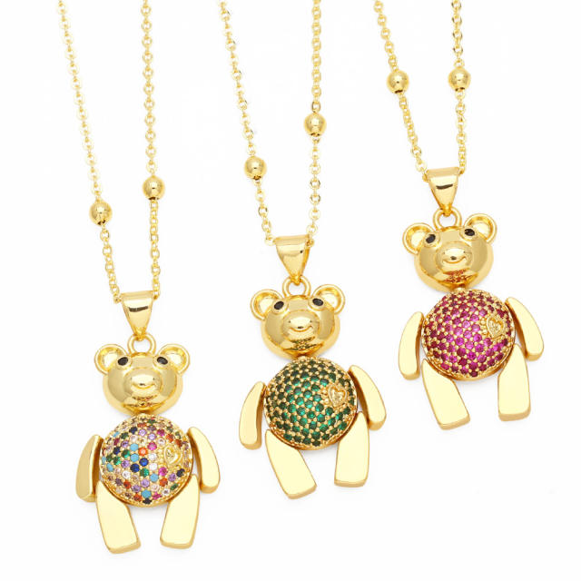 Cute bear pendant cubic zircon copper necklace