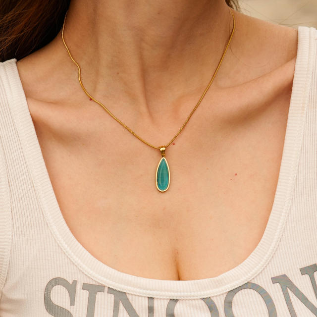 Chic blue color teardrop opal stone pendant stainless steel necklace