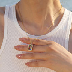 18k Delicate rainbow cz square copper pendant stainless steel chain necklace