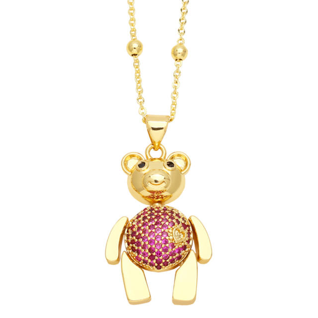 Cute bear pendant cubic zircon copper necklace