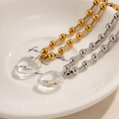 Chunky clear heart pendant stainless steel choker necklace