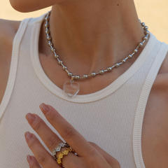 Chunky clear heart pendant stainless steel choker necklace