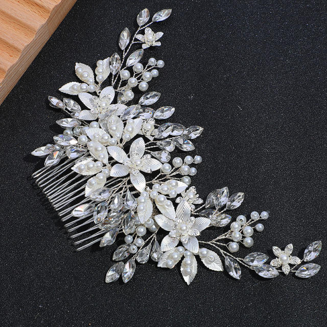 Korean fashion pearl bead silver leaf design wedding hair combs