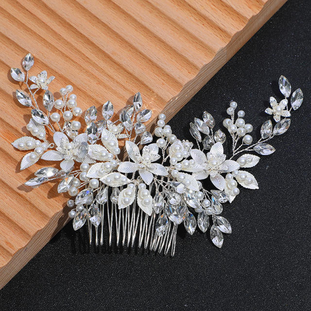 Korean fashion pearl bead silver leaf design wedding hair combs