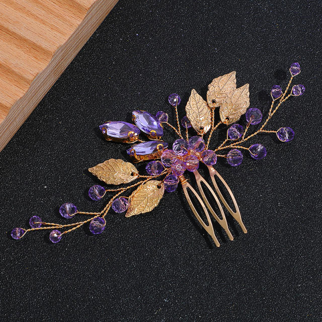 Vintage amethyst crystal leaf design hair combs