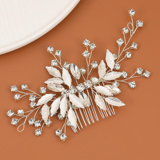 Handmade silver color rhinestone leaf design wedding hair combs