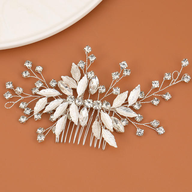 Handmade silver color rhinestone leaf design wedding hair combs