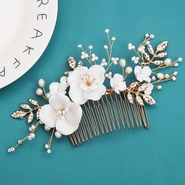 Handmade luxury ceramics flower pearl hair combs