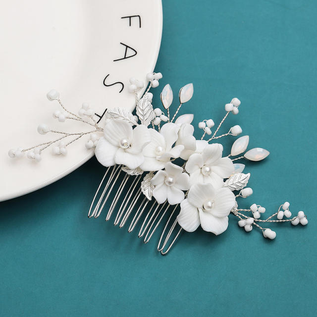 Handmade natural ceramics flower pearl hair combs