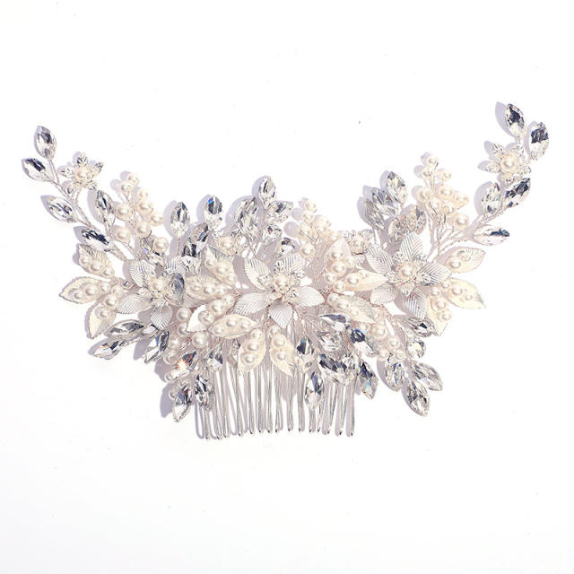 Korean fashion pearl bead silver leaf design wedding hair combs