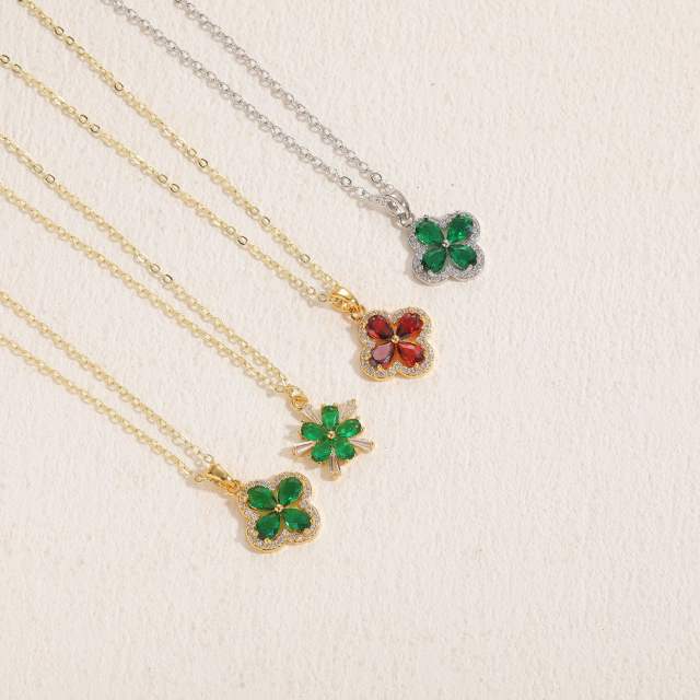 14K real gold plated emerald ruby cubic zircon clover pendant copper necklace