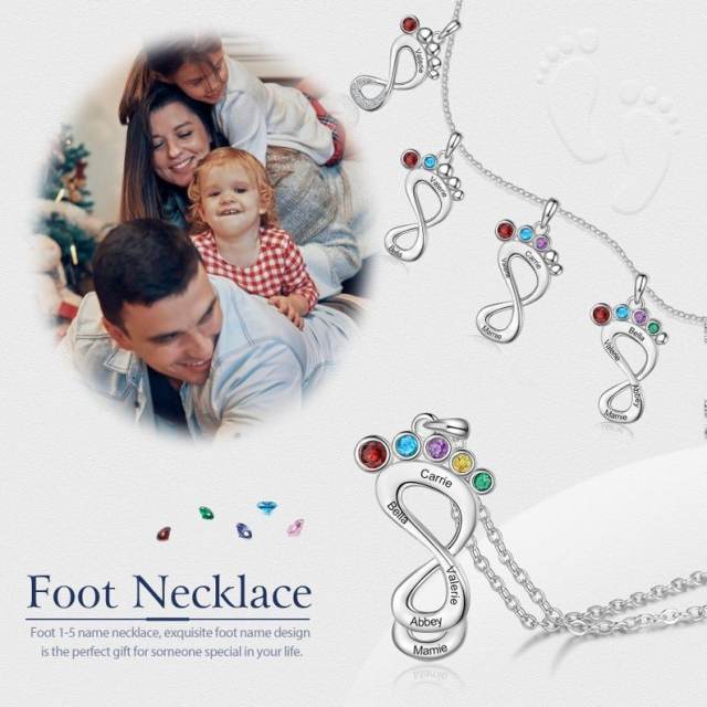 Mother's day gift infinity footprint birthstone engrave name necklace