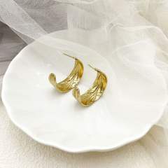 French trend open hoop leaf design stainless steel earrings