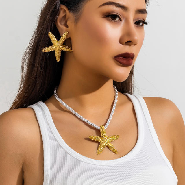 Beach holiday gold color starfish conch chunky necklace earrings