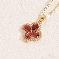 14K real gold plated emerald ruby cubic zircon clover pendant copper necklace