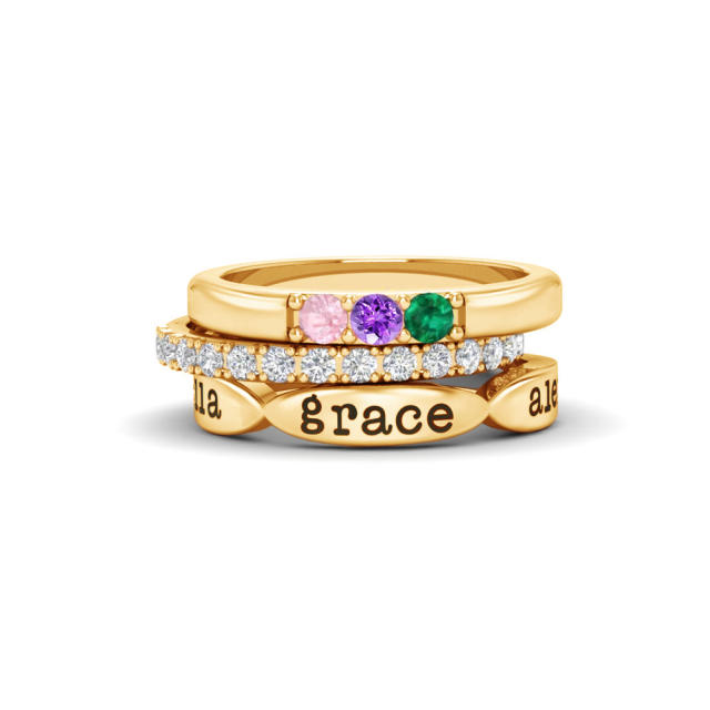 3pcs hot sale birthstone engrave name copper rings set