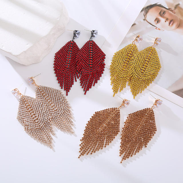 Luxury full of colorful diamond tassel leaf earrings