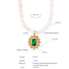 Elegant french water pearl emerald statement stainless steel necklace earrings