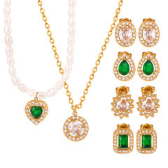 Elegant french water pearl emerald statement stainless steel necklace earrings