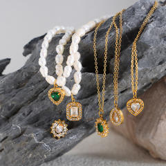 Elegant french water pearl emerald statement stainless steel necklace earrings