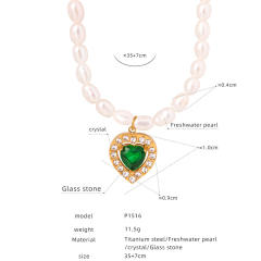 Elegant french water pearl emerald statement stainless steel necklace earrings