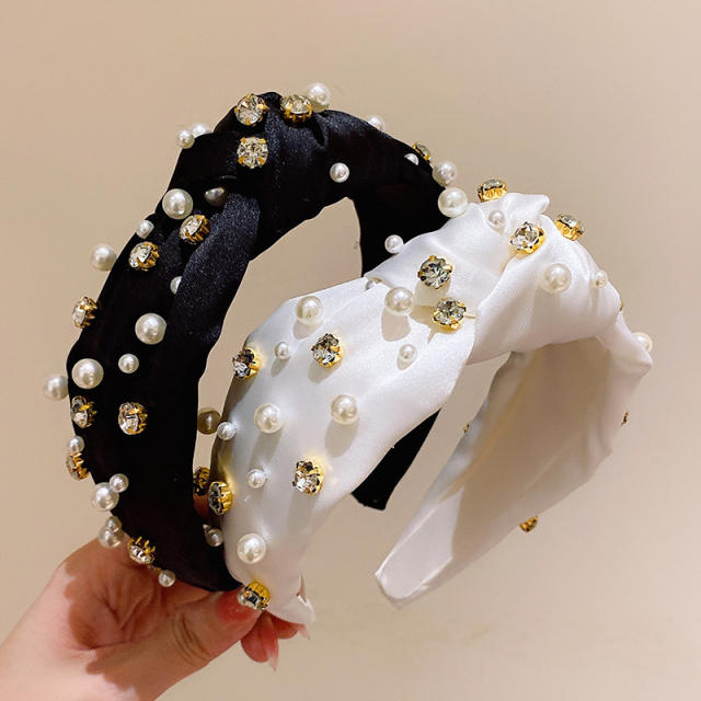 Baroque satin material knotted pearl rhinestone women headband