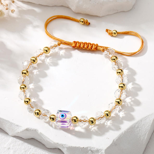 Elegant clear square crystal bead evil eye bracelet