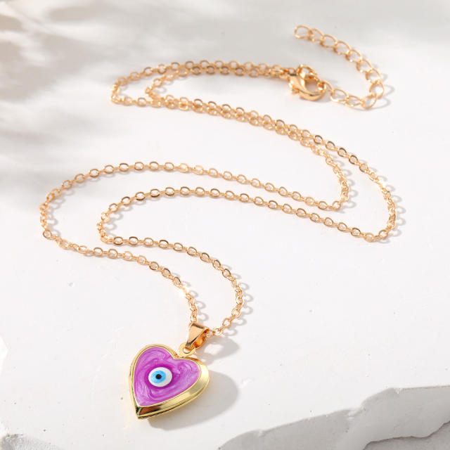 Creative color enamel copper evil eye heart locket necklace