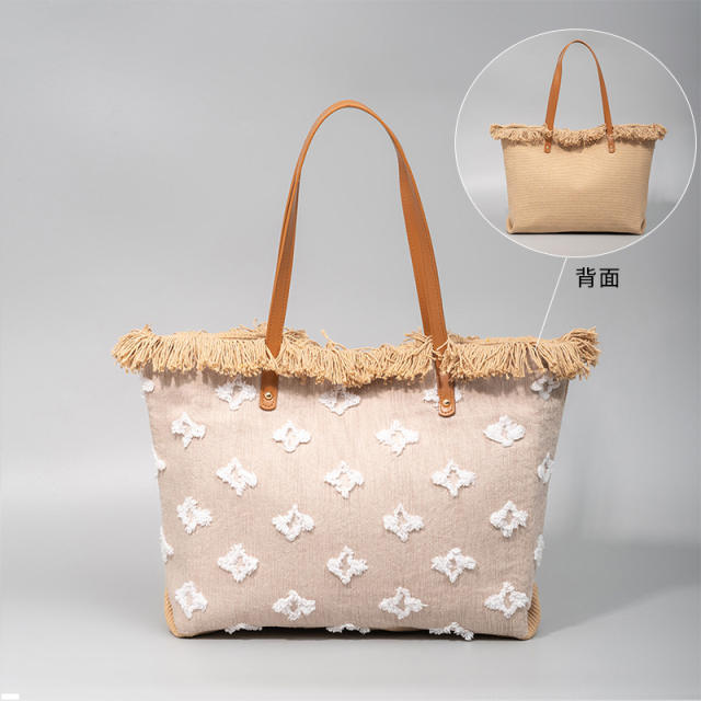 Summer design embroidery canvas tassel large storage tote bag beach bag