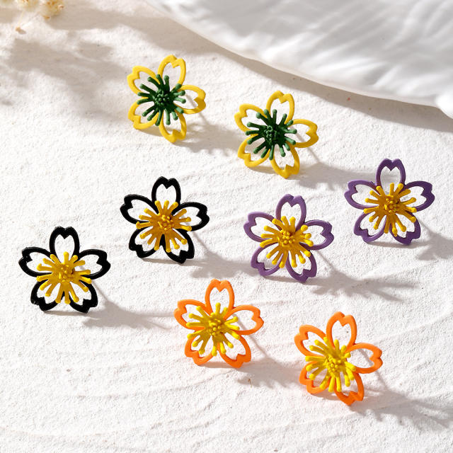 Korean fashion sweet colorful hollow out flower studs earrings