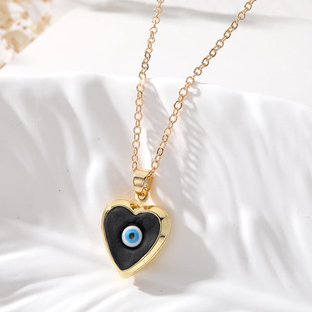 Creative color enamel copper evil eye heart locket necklace