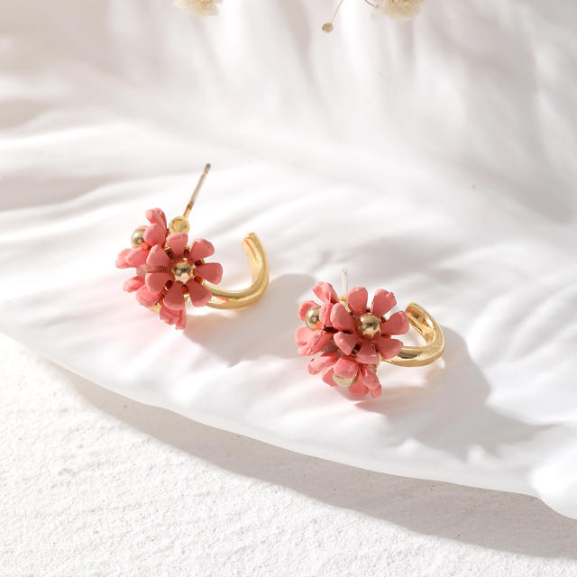 Korean fashion colorful flower open hoop studs earrings