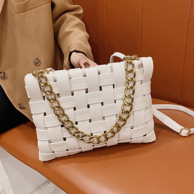 Popular plain color PU leather braid pattern shoulder bag crossbody bag