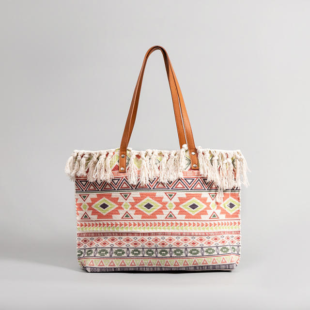 Boho colorful pattern canvas tassel women tote bag beach bag